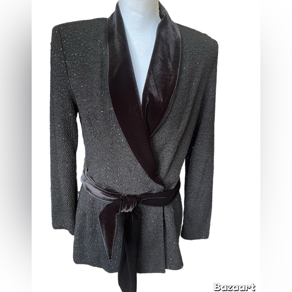 Jessica Howard Long Sleeve Black Sparkly Top With Velvet Collar/belt Size 8 - Picture 2 of 5